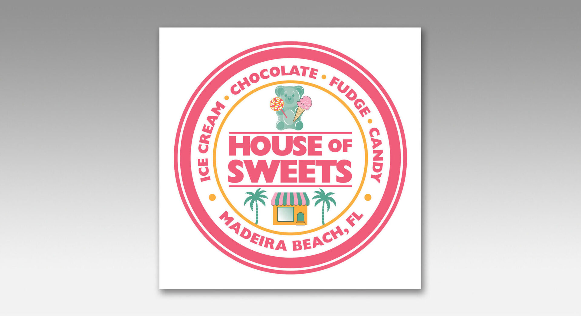 House of Sweets circular badge logo in pink, green, and orange for a Madeira Beach candy shop