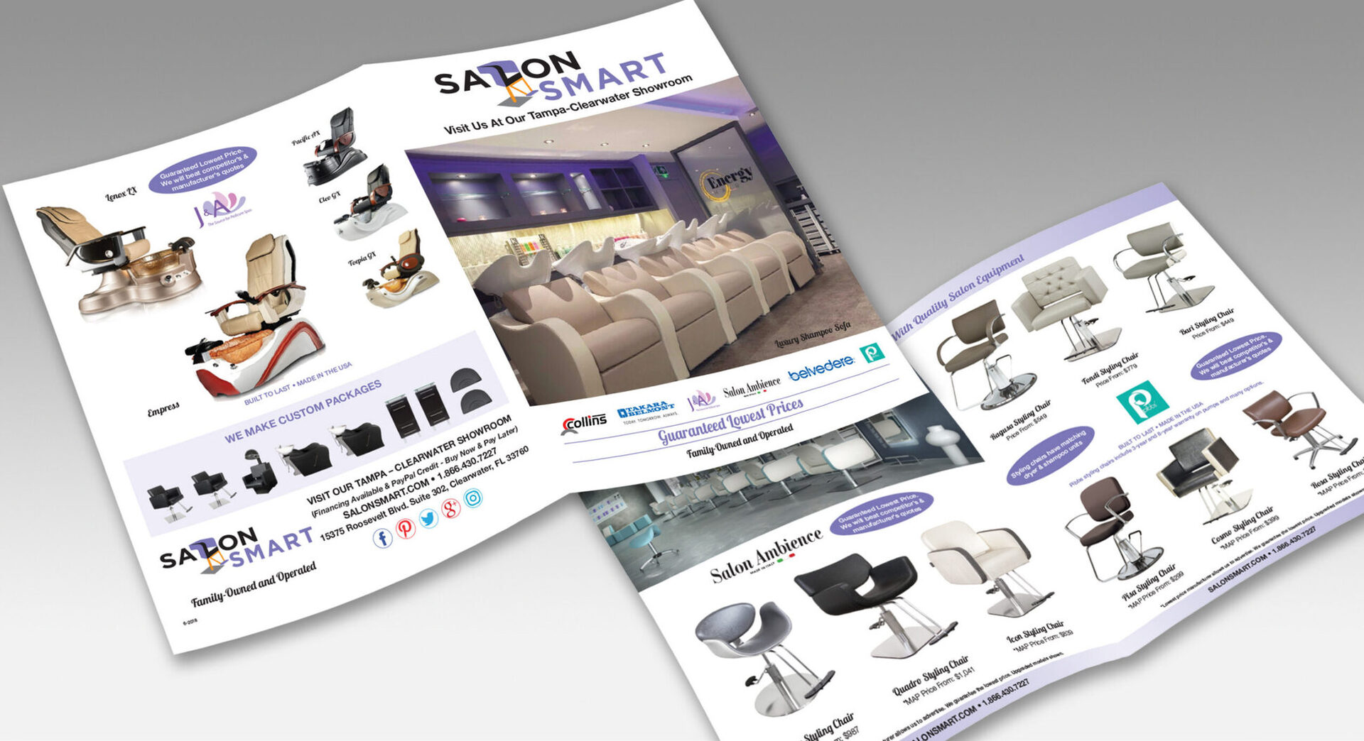 Salon Smart bifold brochure spread for salon-equipment catalog