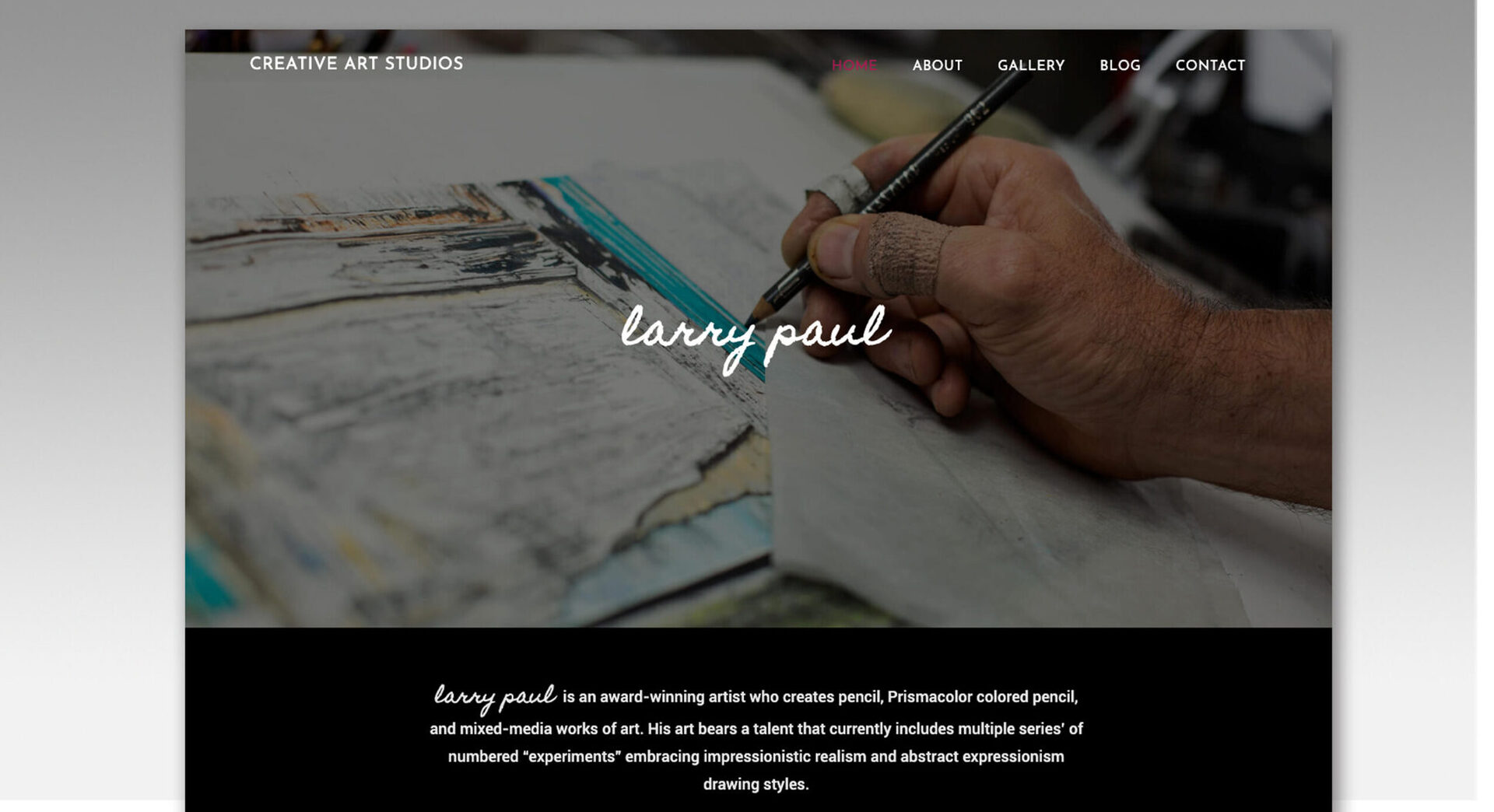 Creative Art Studios website design with full-bleed artist hero and black navigation