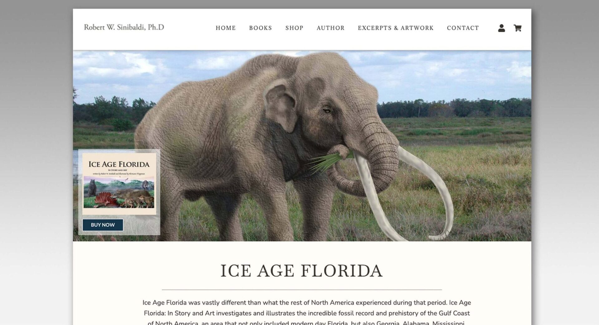Ice Age Florida website design with a mastodon illustration hero for a Gulf Coast subject