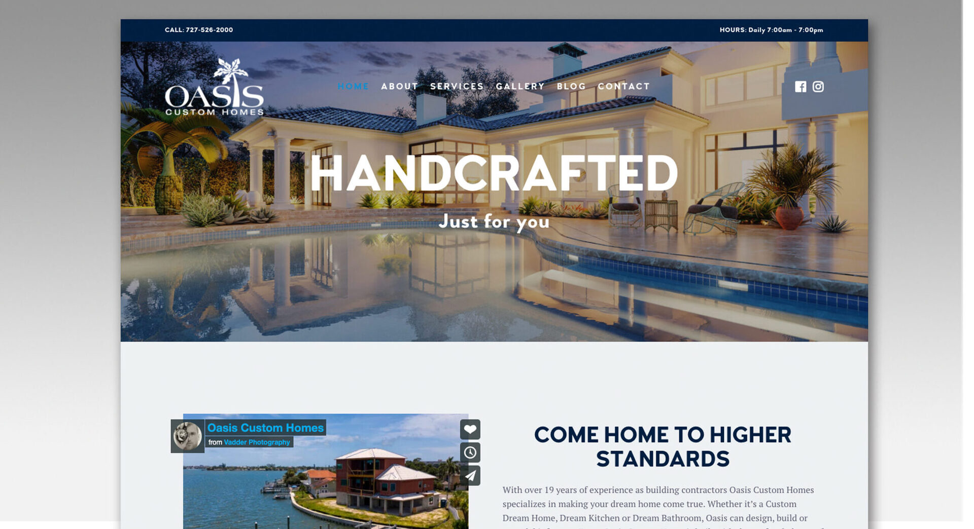 Oasis Custom Homes website design in clean navy and white
